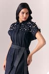 Savaaya_Black Denim Pearls Collared Starlit Handwork Dress _Online_at_Aza_Fashions