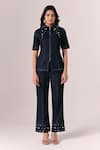 Buy_Savaaya_Black Denim Pearls High Neck Etoile Embroidered Collar Shirt And Pant Set _at_Aza_Fashions