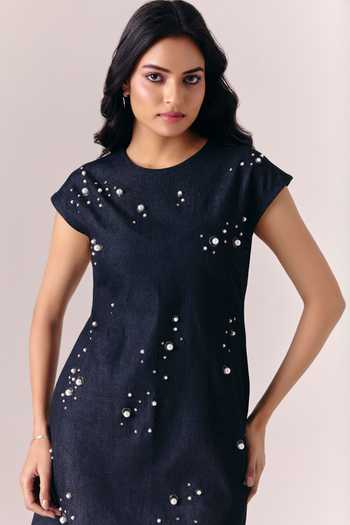 Savaaya_Black Denim Pearls Round Neck Starnight Dress _Online_at_Aza_Fashions