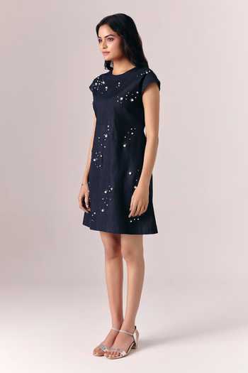 Buy_Savaaya_Black Denim Pearls Round Neck Starnight Dress _Online_at_Aza_Fashions