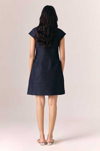 Shop_Savaaya_Black Denim Pearls Round Neck Starnight Dress _at_Aza_Fashions