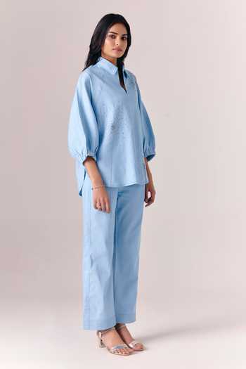Savaaya_Blue Denim Embroidery Split V-neck Daydream Shirt With Pant _Online_at_Aza_Fashions