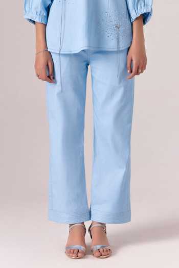 Buy_Savaaya_Blue Denim Embroidery Split V-neck Daydream Shirt With Pant _Online_at_Aza_Fashions