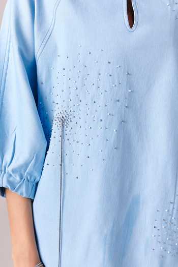 Shop_Savaaya_Blue Denim Embroidery Split V-neck Daydream Shirt With Pant _Online_at_Aza_Fashions