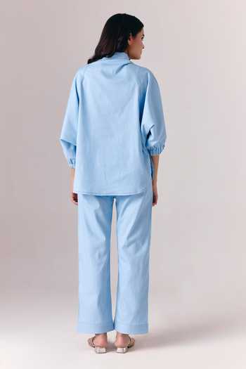 Shop_Savaaya_Blue Denim Embroidery Split V-neck Daydream Shirt With Pant _at_Aza_Fashions