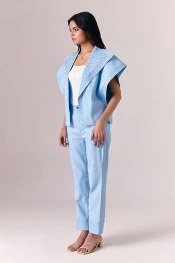 Buy_Savaaya_Blue Denim Embroidery Open Neck Collar Jacket _Online_at_Aza_Fashions