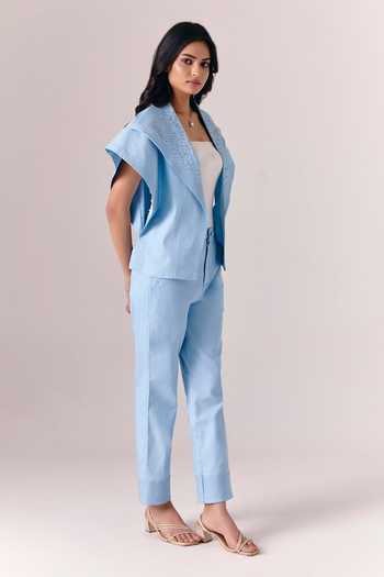 Shop_Savaaya_Blue Denim Embroidery Open Neck Collar Jacket _at_Aza_Fashions