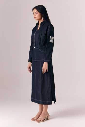 Savaaya_Black Denim Sequins Collared Midnight Tide Jacket _Online_at_Aza_Fashions