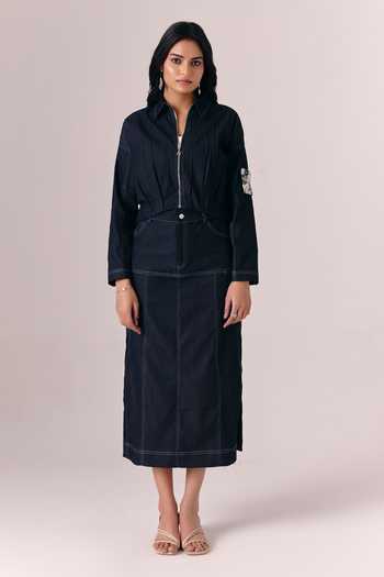 Shop_Savaaya_Black Denim Sequins Collared Midnight Tide Jacket _at_Aza_Fashions