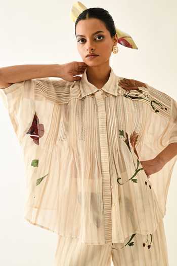 Buy_OFRIDA_Green Collared Dewstripe Printed Top _at_Aza_Fashions