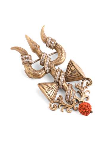 Shop_Cosa Nostraa_Gold Beads, Crystals Damru Crest Brooch _Online_at_Aza_Fashions