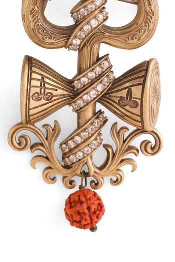 Cosa Nostraa_Gold Beads, Crystals Damru Crest Brooch _at_Aza_Fashions