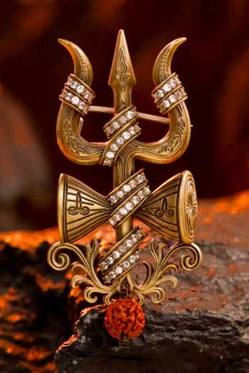 Buy_Cosa Nostraa_Gold Beads, Crystals Damru Crest Brooch _at_Aza_Fashions