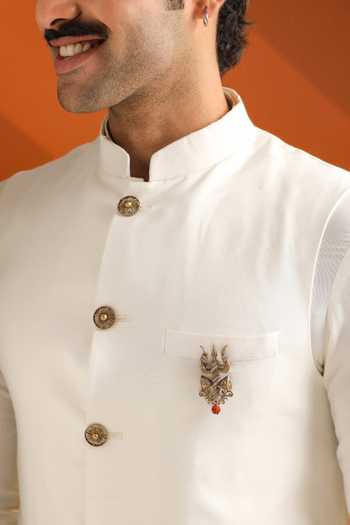 Shop_Cosa Nostraa_Gold Beads, Crystals Damru Crest Brooch _at_Aza_Fashions