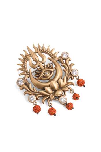 Cosa Nostraa_Gold Beads, Stones Sacred Trishul Emblem Brooch _at_Aza_Fashions