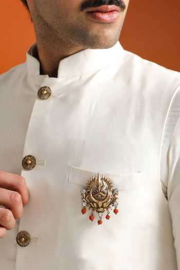 Shop_Cosa Nostraa_Gold Beads, Stones Sacred Trishul Emblem Brooch _at_Aza_Fashions