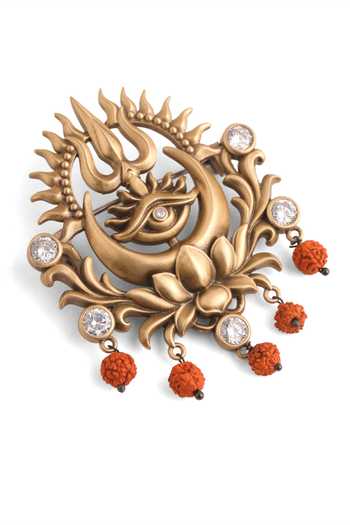 Shop_Cosa Nostraa_Gold Beads, Stones Sacred Trishul Emblem Brooch 