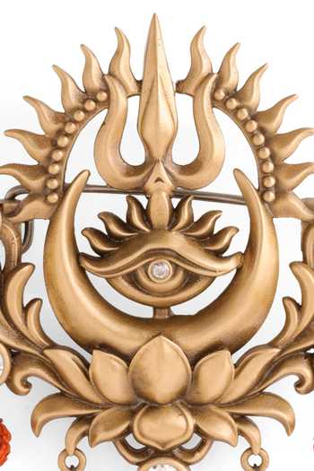 Cosa Nostraa_Gold Beads, Stones Sacred Trishul Emblem Brooch _Online