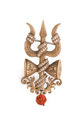 Buy_Cosa Nostraa_Gold Antique Carved Trishul Lapel Pin And Brooch Set - 2 Pcs _Online_at_Aza_Fashions