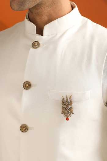 Shop_Cosa Nostraa_Gold Antique Carved Trishul Lapel Pin And Brooch Set - 2 Pcs _Online_at_Aza_Fashions