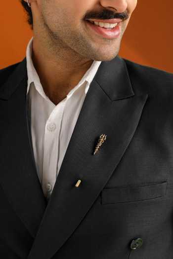 Shop_Cosa Nostraa_Gold Antique Carved Trishul Lapel Pin And Brooch Set - 2 Pcs _at_Aza_Fashions