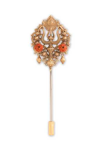 Cosa Nostraa_Gold Beads, Stones Antique Carved Lapel Pin And Brooch Set - 2 Pcs _Online_at_Aza_Fashions