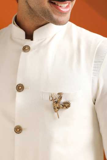 Shop_Cosa Nostraa_Gold Beads, Stones Antique Carved Lapel Pin And Brooch Set - 2 Pcs _at_Aza_Fashions