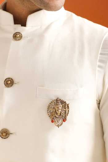 Shop_Cosa Nostraa_Gold Beads Antique Carved Lapel Pin And Brooch Set - 2 Pcs _at_Aza_Fashions