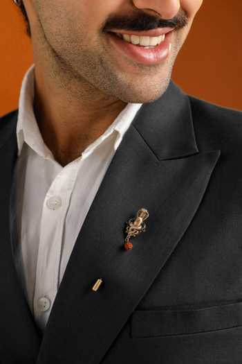 Shop_Cosa Nostraa_Gold Beads Antique Carved Lapel Pin And Brooch Set - 2 Pcs _Online_at_Aza_Fashions