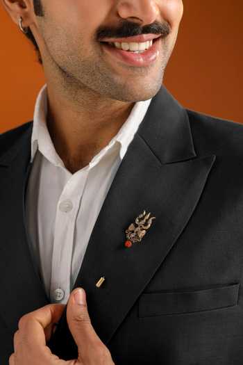 Shop_Cosa Nostraa_Gold Antique Carved Lapel Pin And Brooch Set - 2 Pcs _at_Aza_Fashions