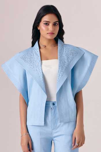 Buy_Savaaya_Blue Denim Embroidery Open Neck Collar Jacket _at_Aza_Fashions