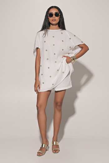 Buy_Kriti Bapna_White Linen Studs Round Neck Embellished Blouse And Shorts Set _at_Aza_Fashions