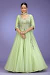 Jhambthreads_Green Silk, Organza Embroidery, Stones, Tassels V-neck Blouse And Lehenga Set _Online_at_Aza_Fashions