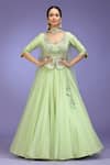 Buy_Jhambthreads_Green Silk, Organza Embroidery, Stones, Tassels V-neck Blouse And Lehenga Set _at_Aza_Fashions