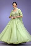 Shop_Jhambthreads_Green Silk, Organza Embroidery, Stones, Tassels V-neck Blouse And Lehenga Set _Online_at_Aza_Fashions
