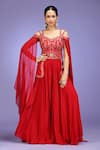 Buy_Jhambthreads_Red Silk, Georgette Sequins, Zari, Stones Work Cape Sleeve Blouse Lehenga Set _at_Aza_Fashions