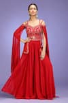 Jhambthreads_Red Silk, Georgette Sequins, Zari, Stones Work Cape Sleeve Blouse Lehenga Set _Online_at_Aza_Fashions