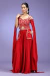 Buy_Jhambthreads_Red Silk, Georgette Sequins, Zari, Stones Work Cape Sleeve Blouse Lehenga Set _Online_at_Aza_Fashions