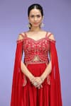 Shop_Jhambthreads_Red Silk, Georgette Sequins, Zari, Stones Work Cape Sleeve Blouse Lehenga Set _Online_at_Aza_Fashions