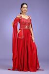 Jhambthreads_Red Silk, Georgette Sequins, Zari, Stones Work Cape Sleeve Blouse Lehenga Set _at_Aza_Fashions