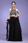 Jhambthreads_Black Silk, Georgette Embroidery, Zari, Mirrors, Tribal Blouse Lehenga Set _at_Aza_Fashions