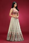 Shop_Jhambthreads_Pink Silk, Tissue Embroidery, Sequins, Beads, Geometric Pattern Lehenga Set _Online_at_Aza_Fashions