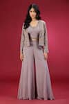 Shop_Jhambthreads_Purple Georgette Embroidery Open Neck, Jacket Palazzo Set _Online_at_Aza_Fashions