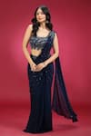 Buy_Jhambthreads_Blue Georgette, Net Sequins, Embroidery One Shoulder Pre-draped Saree Set _Online_at_Aza_Fashions