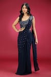 Buy_Jhambthreads_Blue Georgette, Net Sequins, Embroidery One Shoulder Pre-draped Saree Set _at_Aza_Fashions
