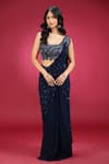 Shop_Jhambthreads_Blue Georgette, Net Sequins, Embroidery One Shoulder Pre-draped Saree Set _Online_at_Aza_Fashions