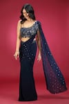 Jhambthreads_Blue Georgette, Net Sequins, Embroidery One Shoulder Pre-draped Saree Set _at_Aza_Fashions