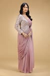 Jhambthreads_Pink Georgette Embroidery, Embellished Half Jacket And Pre-draped Saree Set _Online_at_Aza_Fashions