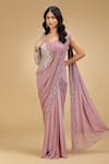 Buy_Jhambthreads_Pink Georgette Embroidery, Embellished Half Jacket And Pre-draped Saree Set _Online_at_Aza_Fashions