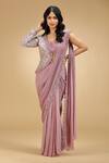 Buy_Jhambthreads_Pink Georgette Embroidery, Embellished Half Jacket And Pre-draped Saree Set _at_Aza_Fashions